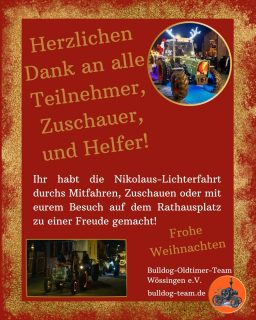 Herzlichen Dank an alle Teilnehmer und Zuschauer.
Toll, dass uns so viele Leute auf dem Rathausplatz besucht haben. Ein besonderer Dank gilt unseren Mitgliedern, die sich bei Auf- und Abbau sowie bei der Durchführung engagiert haben.

#bulldogteamwoessingen 
#walzbachtal 
#nikolauslichterfahrt 

Wer uns Fotos oder Videos bereitstellen möchte, darf uns sehr gerne eine Nachricht an bilder@bulldog-team.de zukommen lassen.