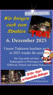 Jöhlingen: Start an der Hasenhalle um 18 Uhr über die Weingartener Straße ortseinwärts auf die Jöhlinger Straße. Über die Freiherr-vom-Stein-Straße führt die Fahrt auf die Jahnstraße und den Heckerweg weiter Richtung Wössingen.

Wössingen: Bewirtung ab 18 Uhr auf dem Rathausplatz!
Beim Hofladen Unterweger trifft der Zug auf die Wössinger Straße und führt über die Durlacher Allee, Kirchstraße, Auf der Halle und Andreas-Wagner-Straße bis zum "Bloh". Dort geht es wieder in die Wössinger Straße vorbei am Rathausplatz.

#bulldogteamwoessingen 
#walzbachtal 
#nikolauslichterfahrt